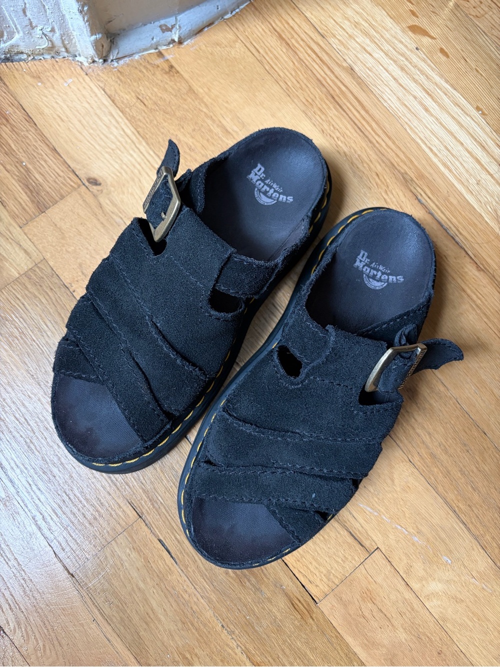 Black Suede Platform Slide Sandals with Buckle - Picture 3 of 7